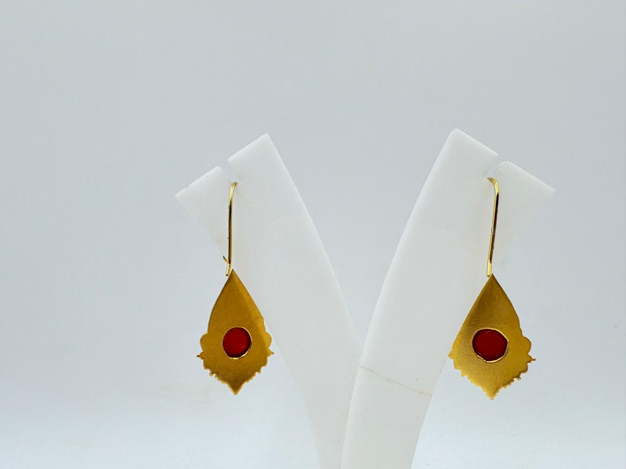 Brass Dangle Earrings with 18K Gold Plating – Red Stone Vintage Design