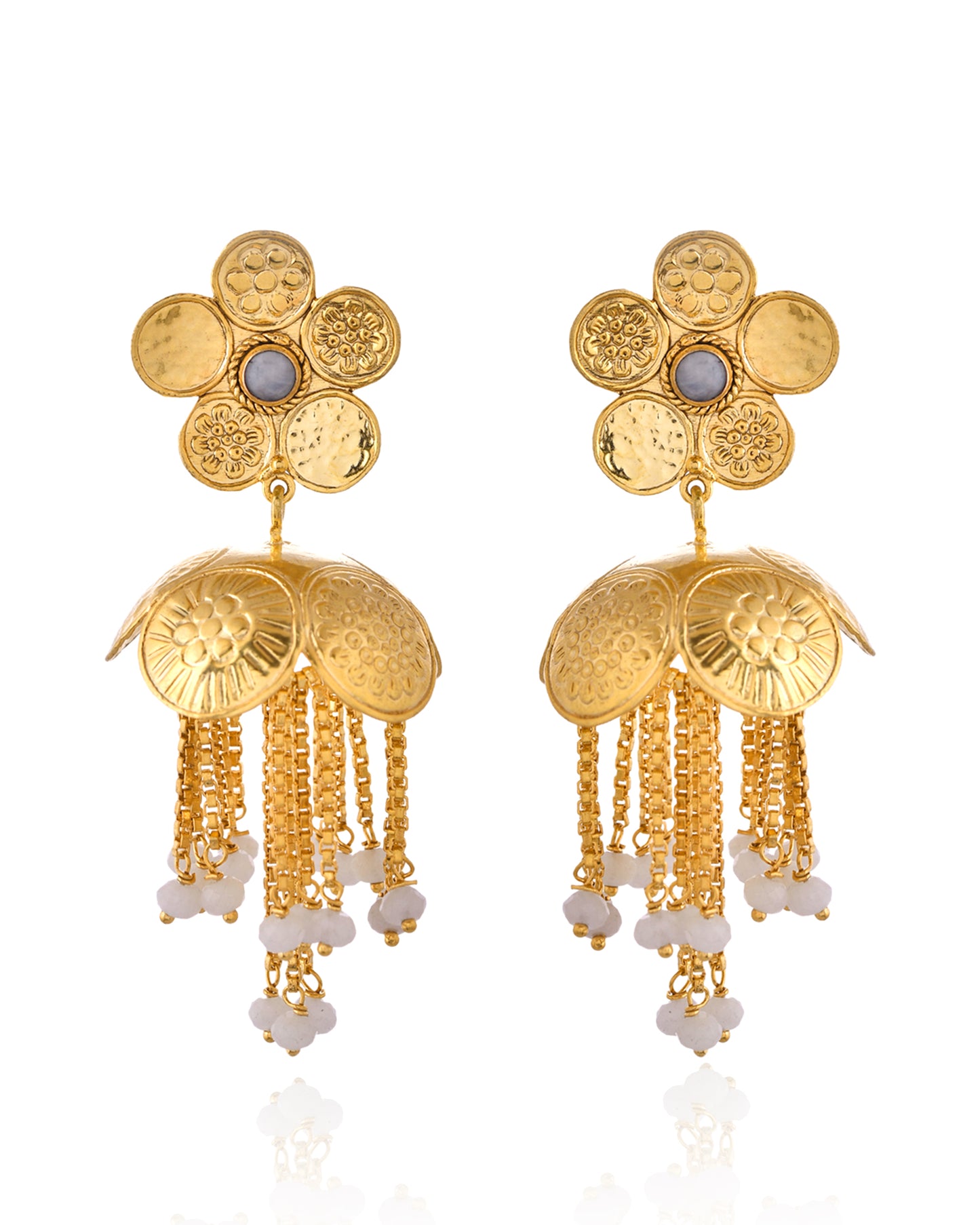 Gold Plated Brass Earrings with Floral Top & Jhumka Danglers – Designer Ethnic Statement Jewelry