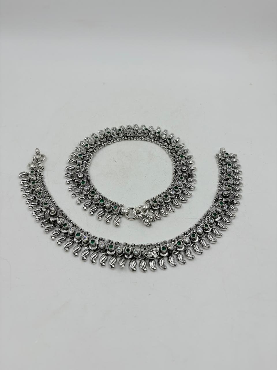 Floral Silver Anklet with Antique Finish – Heavy 129g Bridal