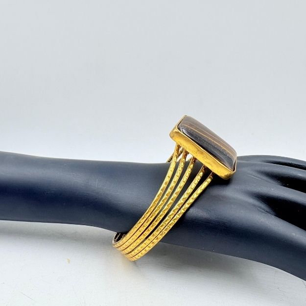 Handmade Tiger Stone Brass Bangle with Gold Plating