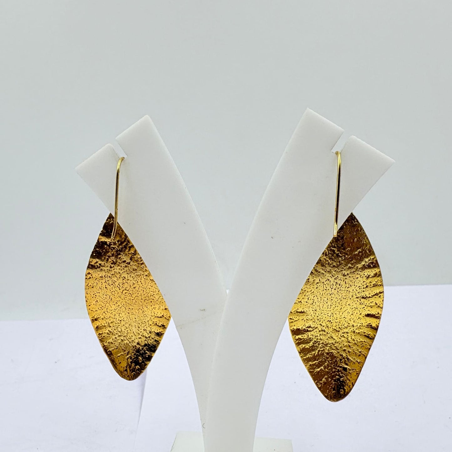 Golden Leaf Textured Earrings with White Rainbow Stone