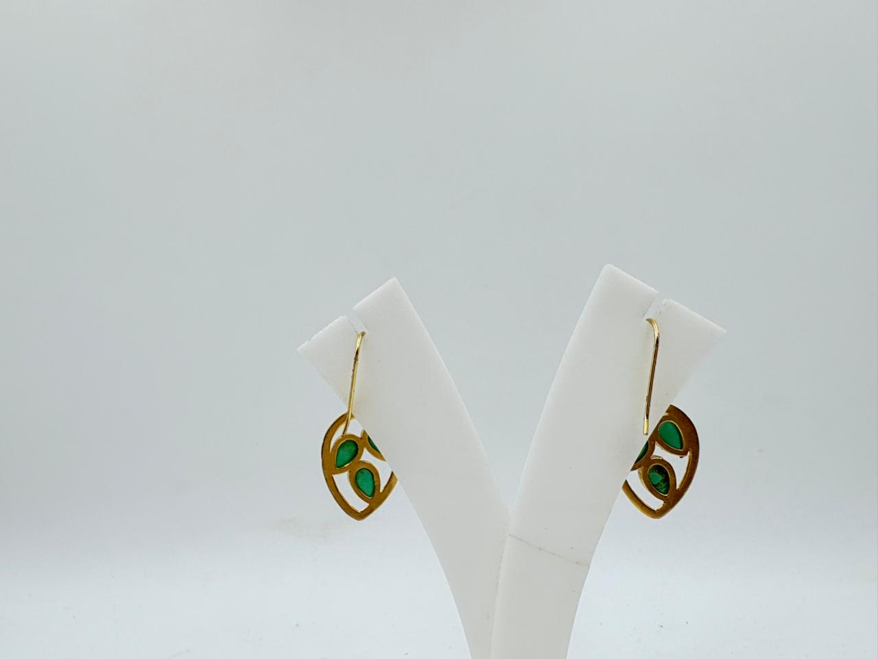Brass Green Onyx Dangle Earrings with 18K Gold Plating – Triple Teardrop Leaf Design