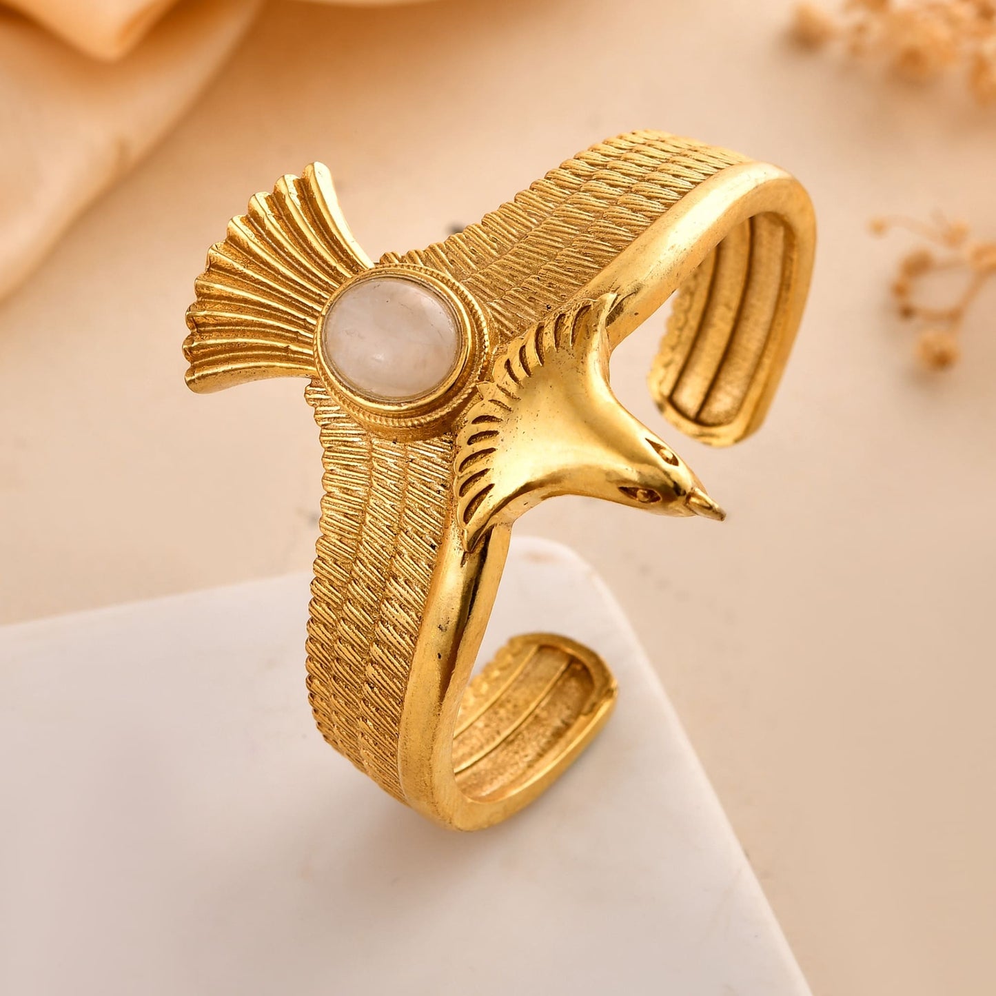 18K Gold Plated Brass Bangle with Moonstone – Adjustable Designer Bracelet for Women