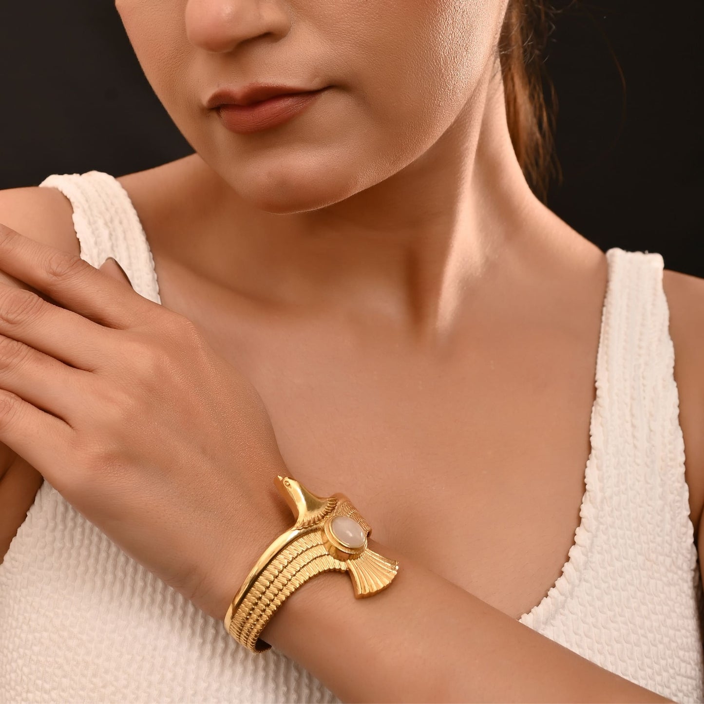 18K Gold Plated Brass Bangle with Moonstone – Adjustable Designer Bracelet for Women