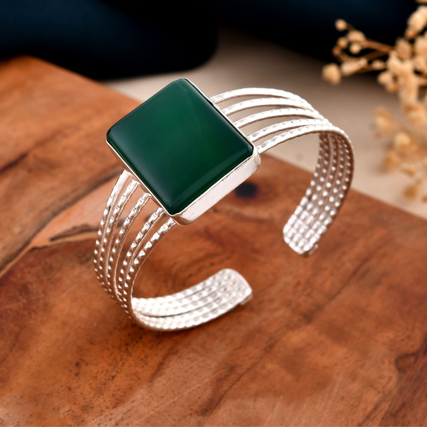 92.5 Sterling Silver Multi-Layer Bangle with Green Onyx Stone – Handcrafted Luxury Jewellery