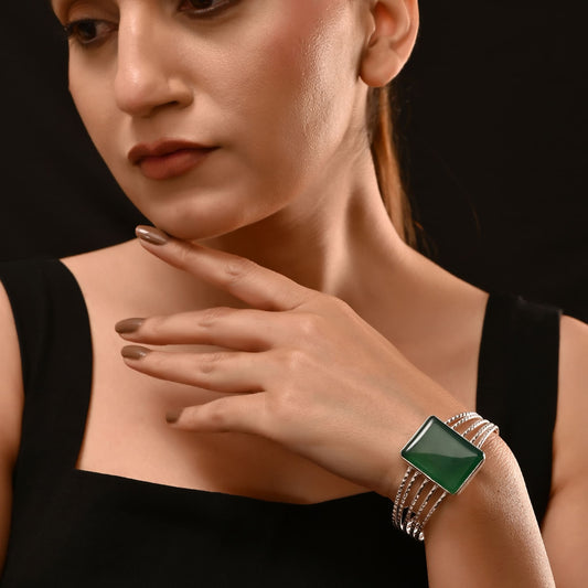 92.5 Sterling Silver Multi-Layer Bangle with Green Onyx Stone – Handcrafted Luxury Jewellery