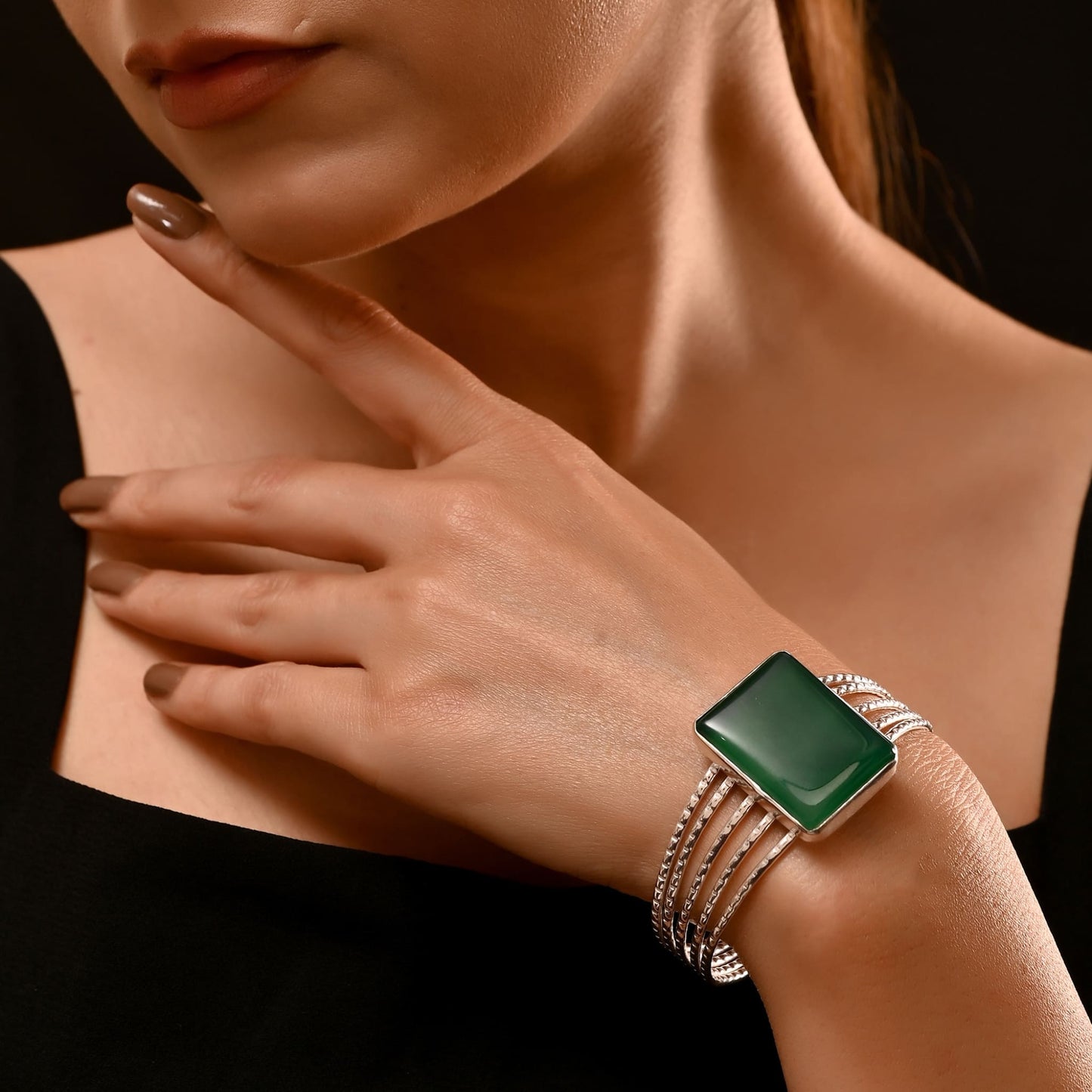 92.5 Sterling Silver Multi-Layer Bangle with Green Onyx Stone – Handcrafted Luxury Jewellery