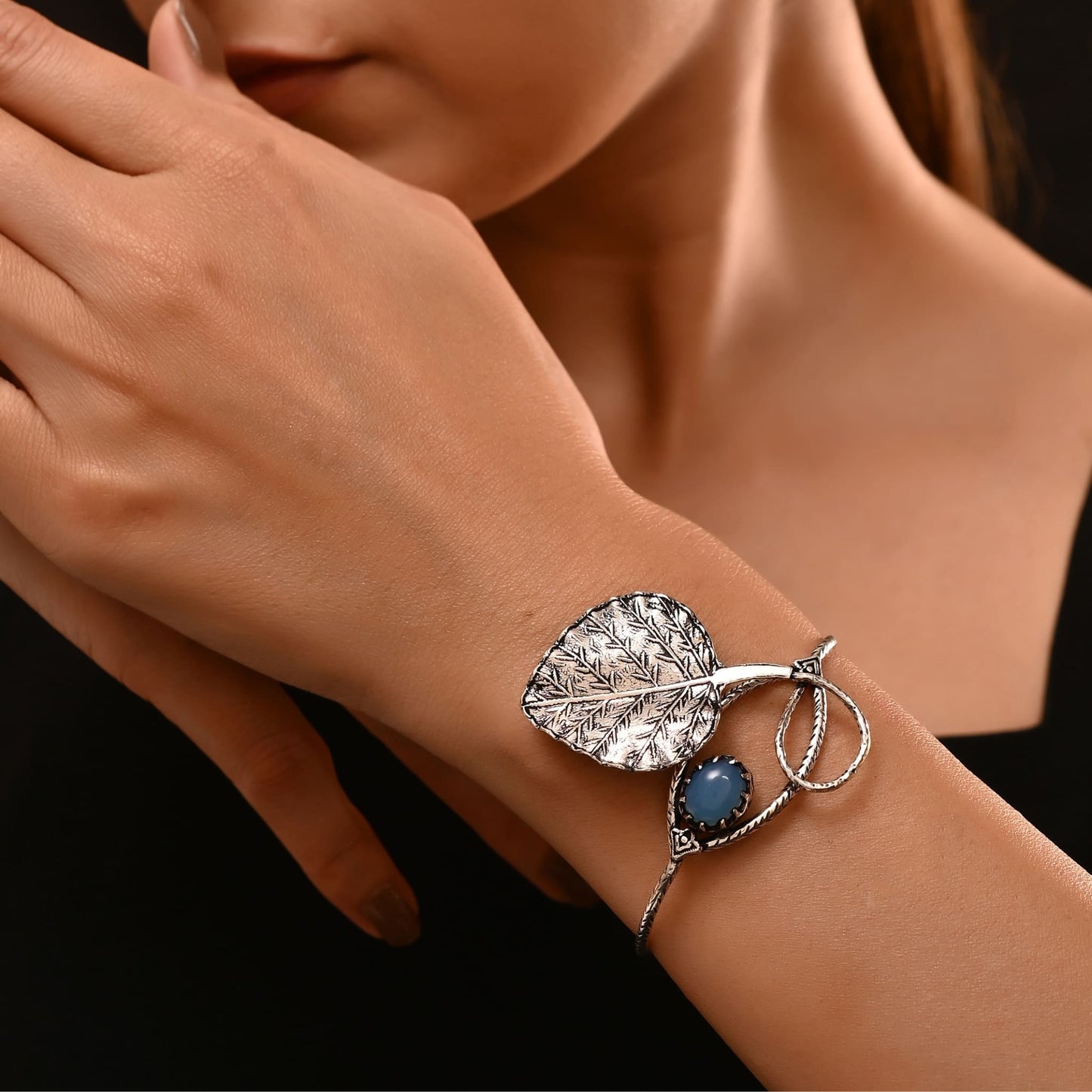 Handmade 92.5 Silver Bangle with Kelsey Onyx Stone | Leaf Design Sterling Silver Bracelet