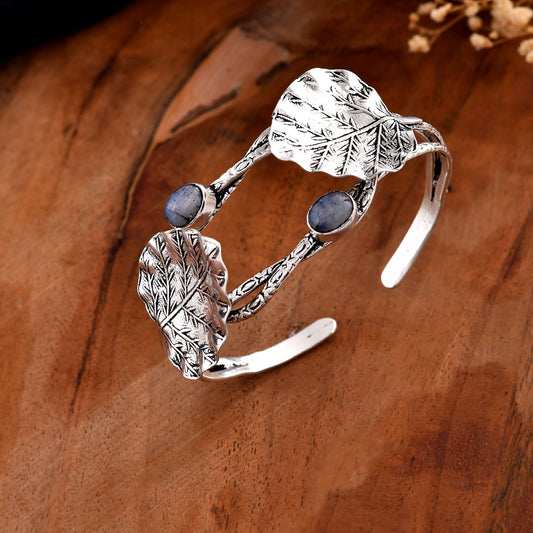 Handmade 92.5 Silver Bangle with White Rainbow Moonstone & Leaf Design – Adjustable Sterling Silver Bangle