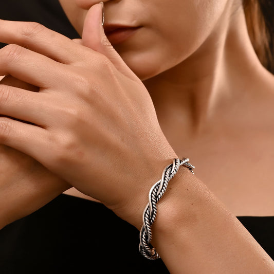92.5 Sterling Silver Handmade Twisted Rope Bangle – Open Cuff Bracelet (Unisex)