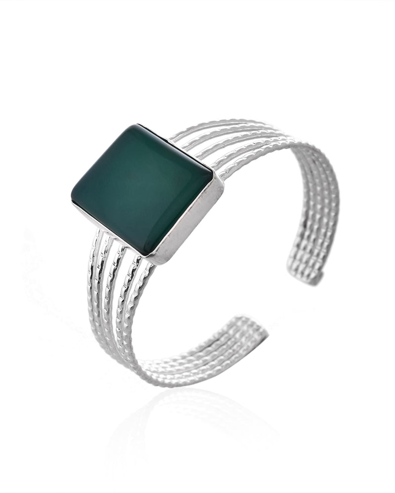 92.5 Sterling Silver Multi-Layer Bangle with Green Onyx Stone – Handcrafted Luxury Jewellery