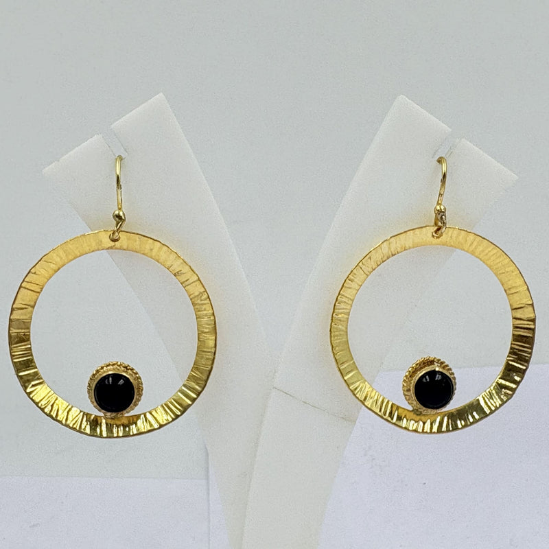 Black Onyx Circle Earrings – Elegant Hammered Design
