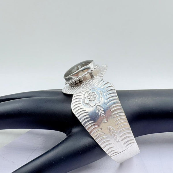 Midnight Glow Black Onyx Floral Silver Bangle