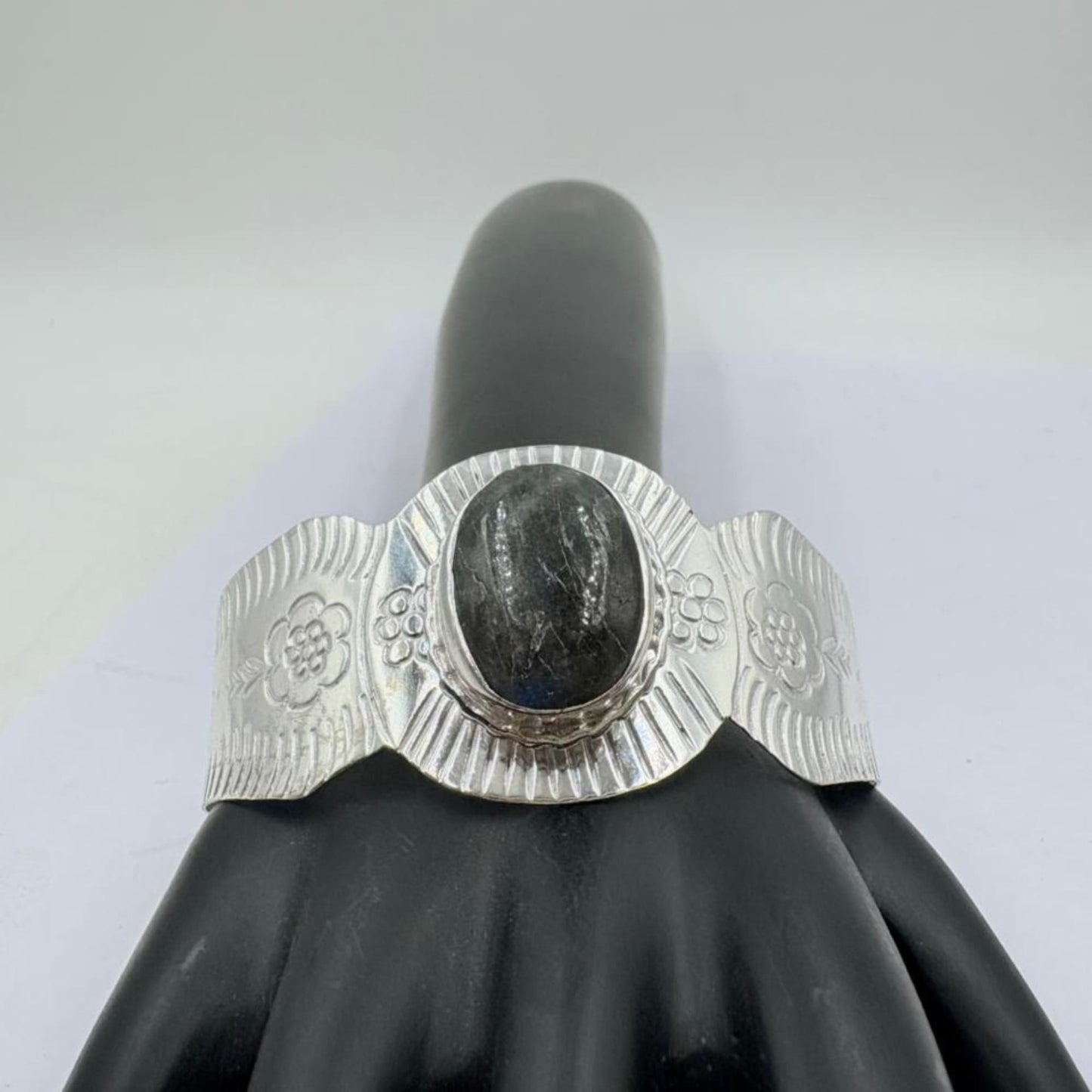 Midnight Glow Black Onyx Floral Silver Bangle