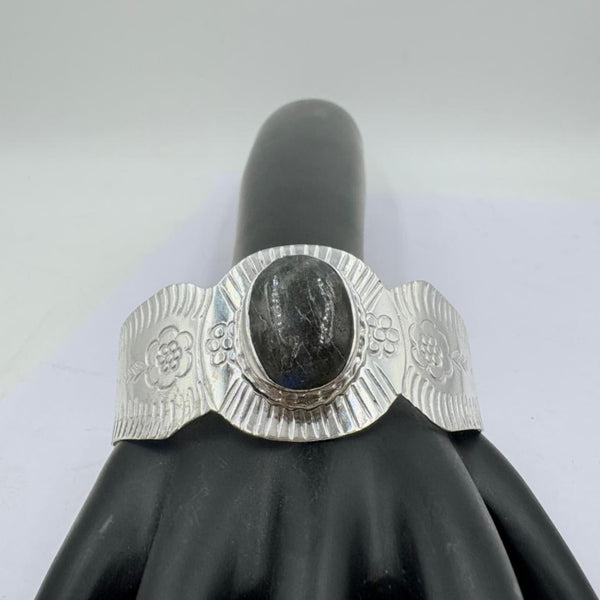 Midnight Glow Black Onyx Floral Silver Bangle