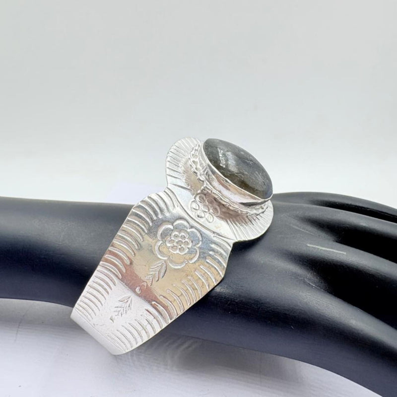 Midnight Glow Black Onyx Floral Silver Bangle