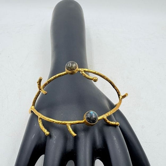 Golden Twig Black Rainbow Stone Brass Bangle