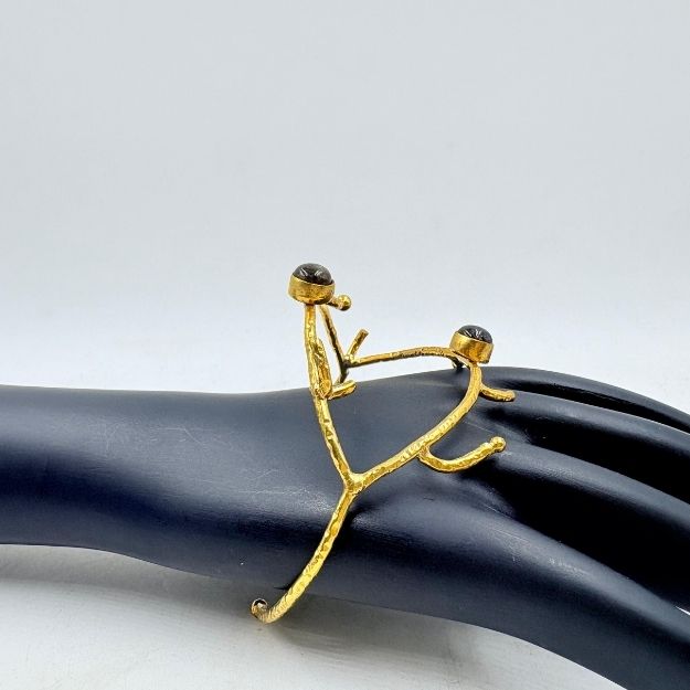 Golden Twig Black Rainbow Stone Brass Bangle