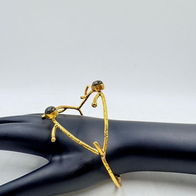 Golden Twig Black Rainbow Stone Brass Bangle