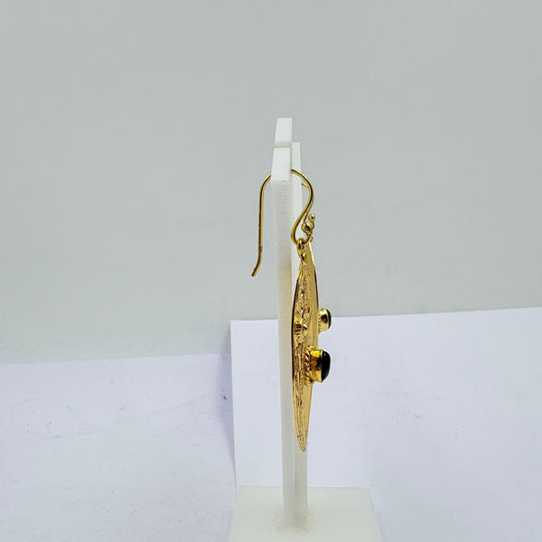 Elegant Brass Earrings with Black Rainbow Stone