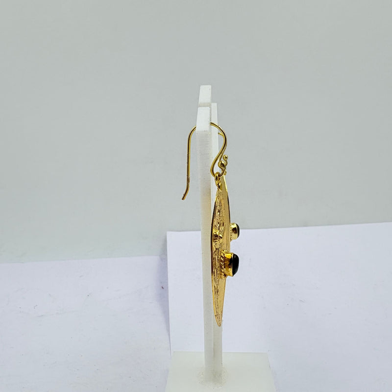 Elegant Brass Earrings with Black Rainbow Stone