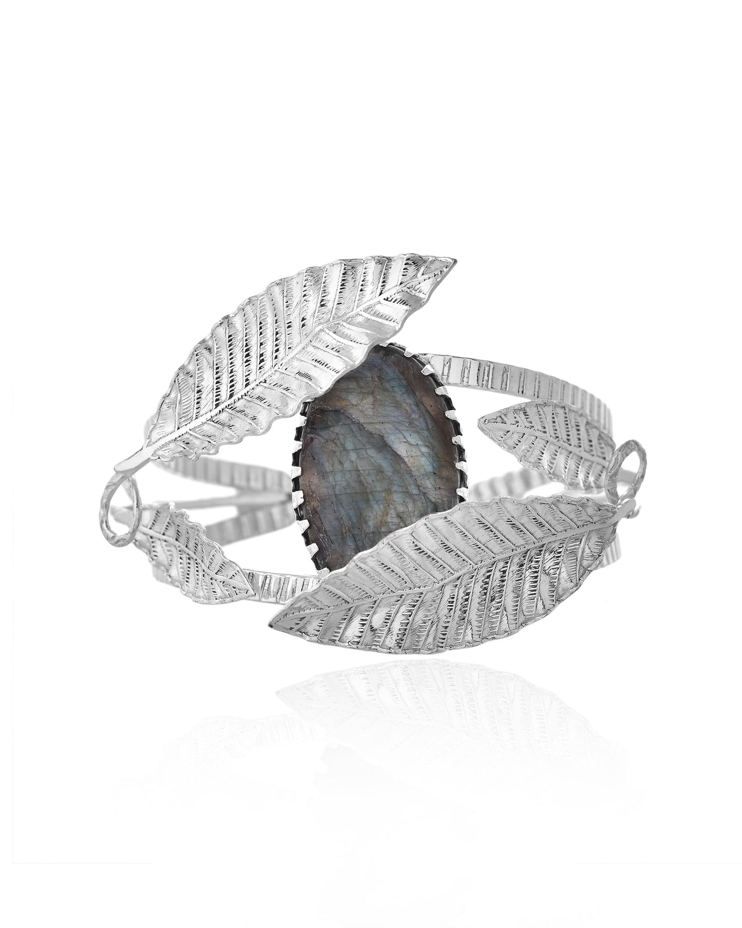 Handmade Silver 92.5 Bangle with Black Rainbow Stone – Designer Leaf Pattern Bracelet