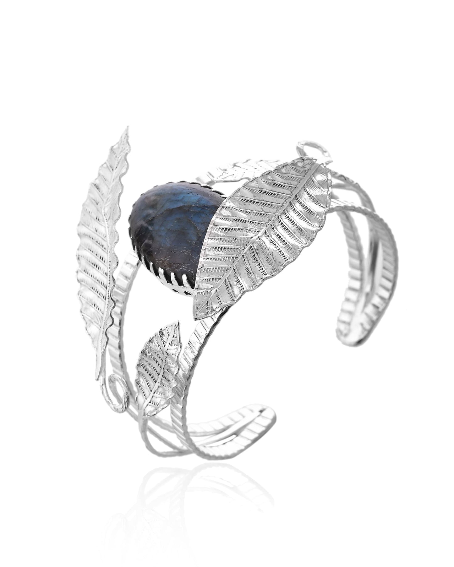 Handmade Silver 92.5 Bangle with Black Rainbow Stone – Designer Leaf Pattern Bracelet