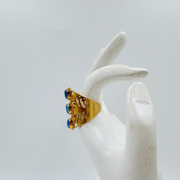 Blue Calsy Onyx Triple Stone Brass Ring