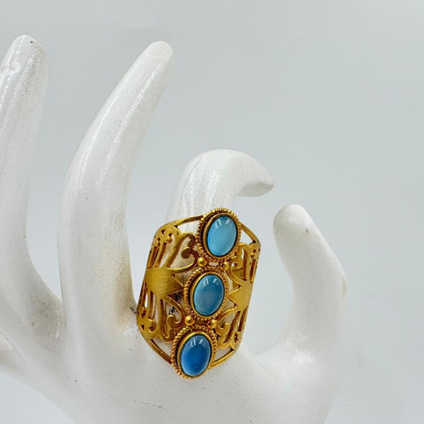 Blue Calsy Onyx Triple Stone Brass Ring