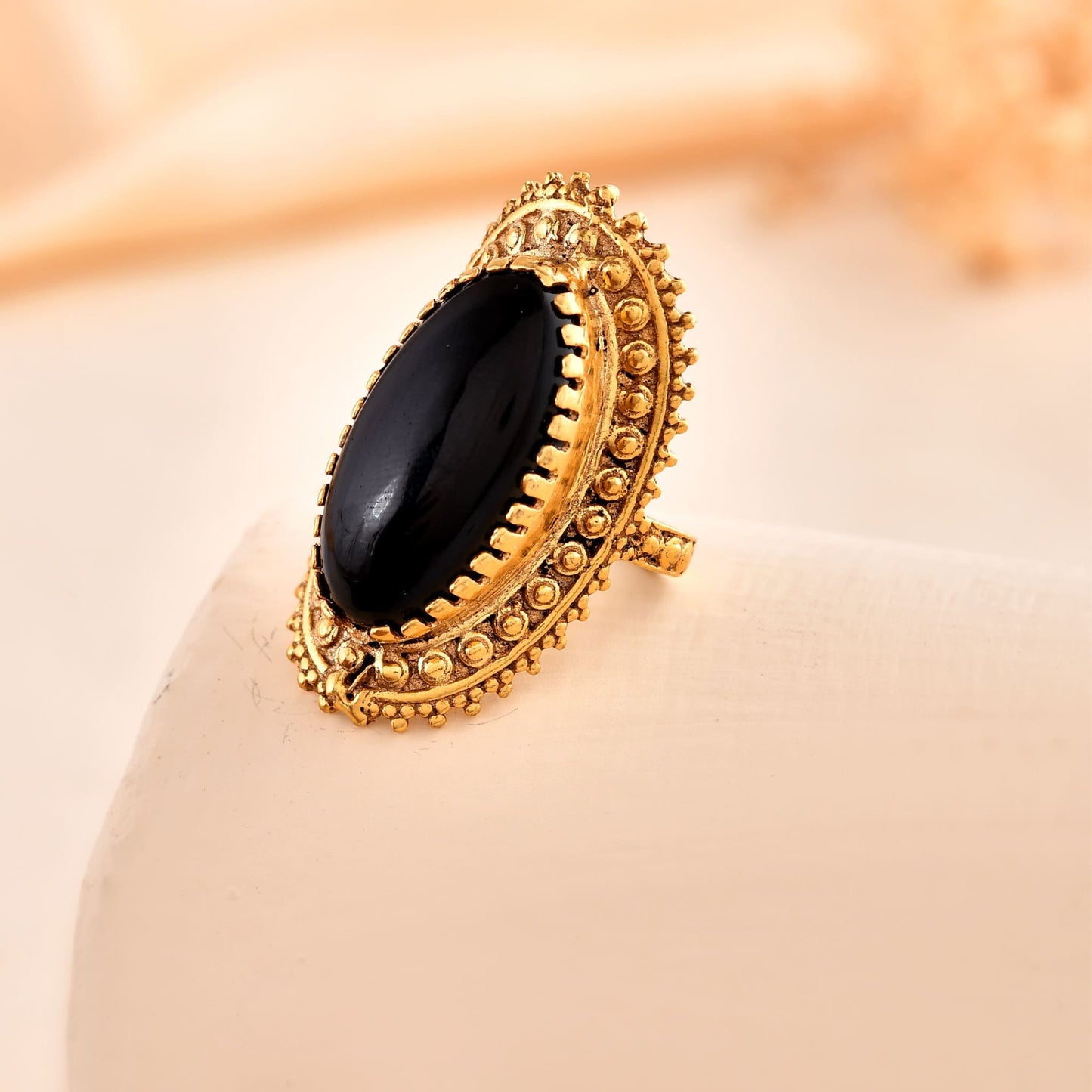 Brass Black Onyx Ring for Women | Antique Adjustable Statement Ring | Handmade Brass Jewellery