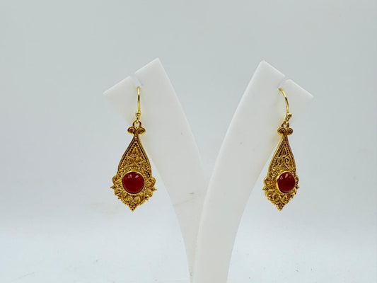 Brass Dangle Earrings with 18K Gold Plating – Red Stone Vintage Design