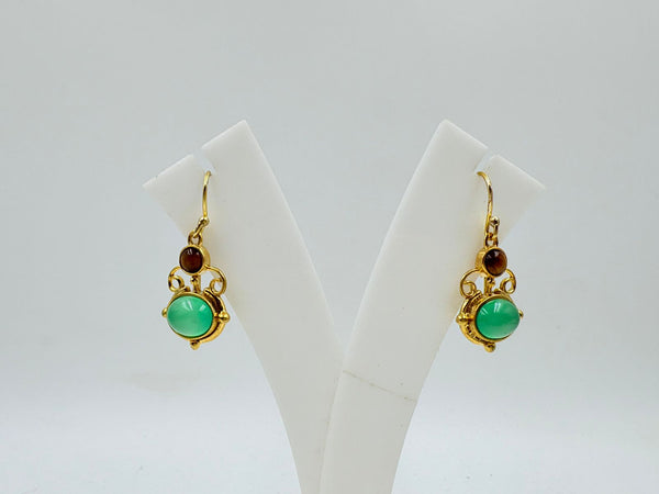 Brass Drop Earrings with 18K Gold Plating – Dual Gemstone Design