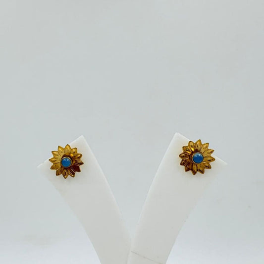 Brass Flower Stud Earrings with 18K Gold Plating – Blue Stone Center