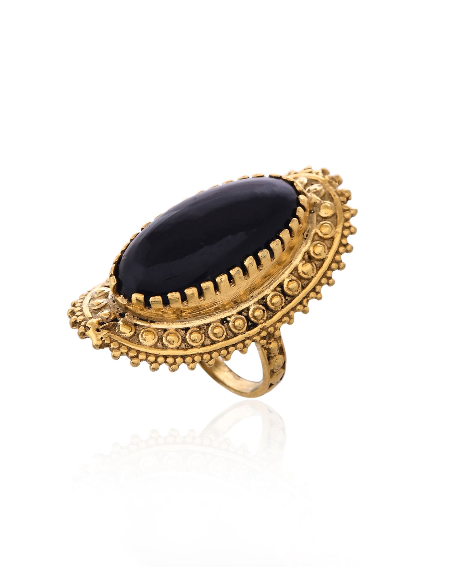 Brass Black Onyx Ring for Women | Antique Adjustable Statement Ring | Handmade Brass Jewellery