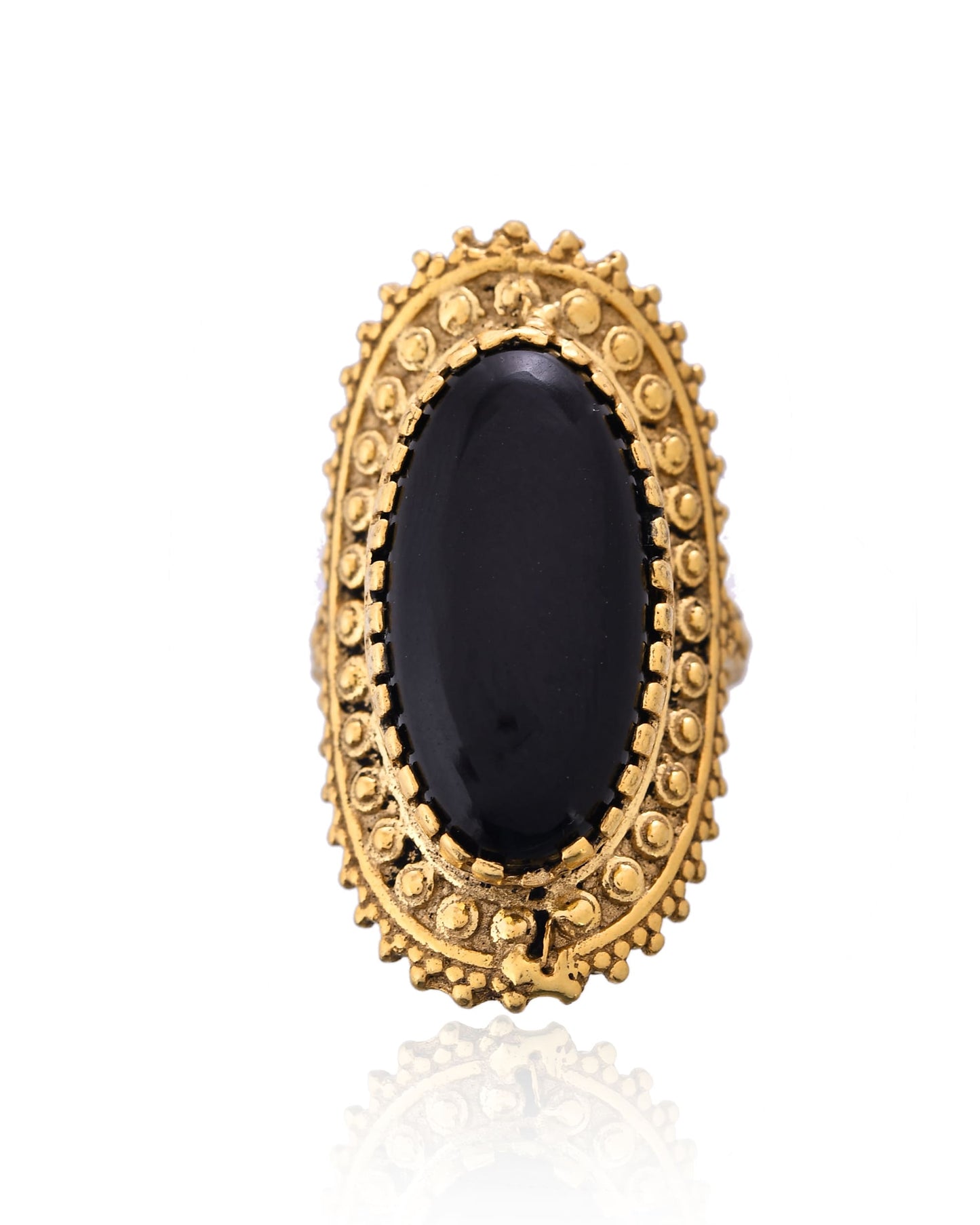 Brass Black Onyx Ring for Women | Antique Adjustable Statement Ring | Handmade Brass Jewellery