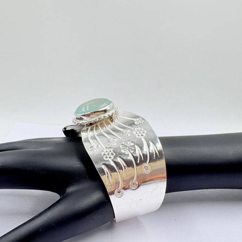 Elegant Chalcedony Onyx Engraved Silver Bangle