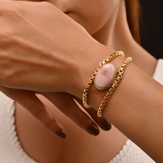 Gold Plated Box Chain Bracelet with Pink Stone | Designer Statement Jewelry