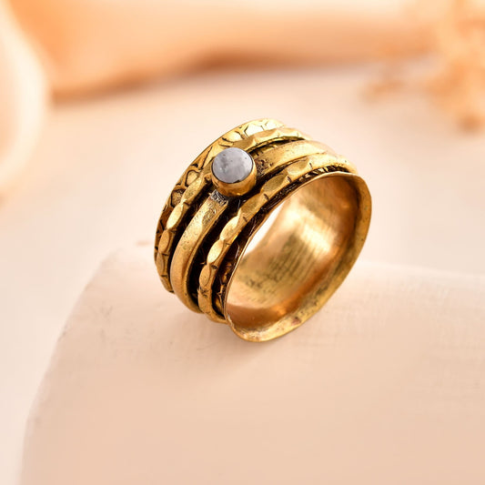 Gold Plated Brass Band Ring with Stone – 18K Finish | Heavy Designer Ring