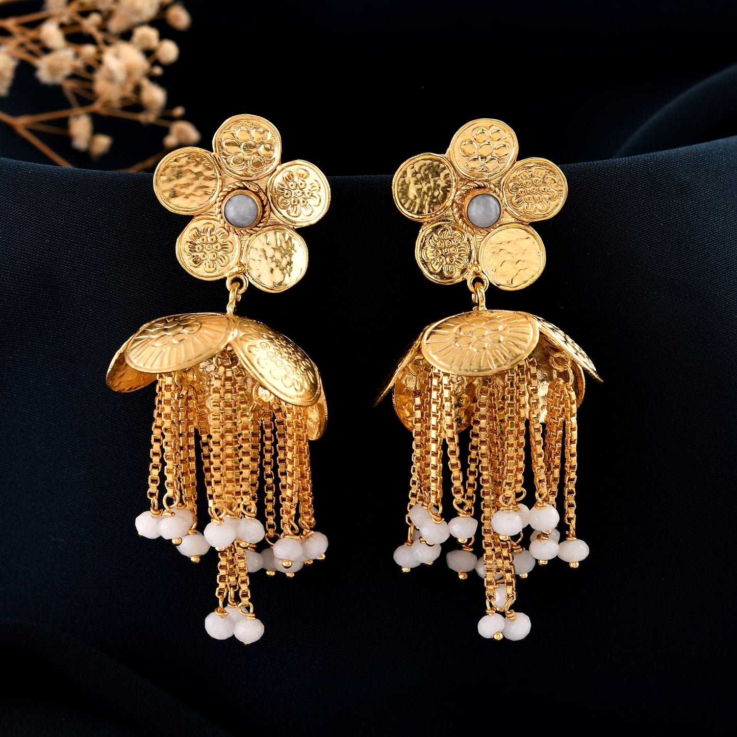 Gold Plated Brass Earrings with Floral Top & Jhumka Danglers – Designer Ethnic Statement Jewelry