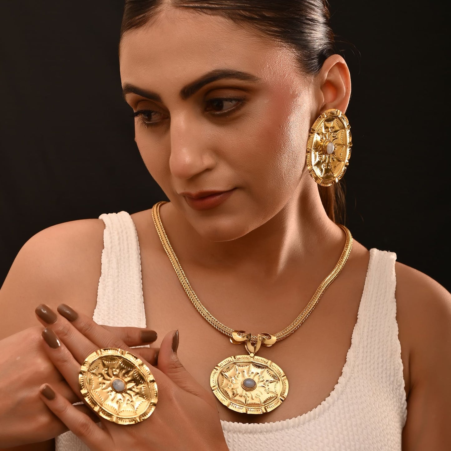 Gold Plated Necklace Set with ring and Earrings | Traditional Embossed Jewelry with Stone Work