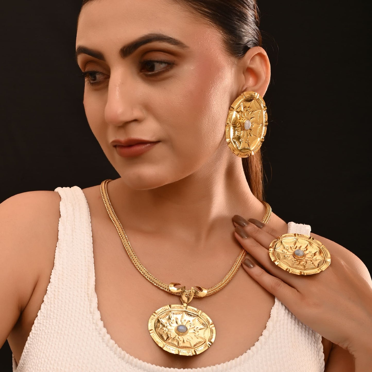 Gold Plated Necklace Set with ring and Earrings | Traditional Embossed Jewelry with Stone Work