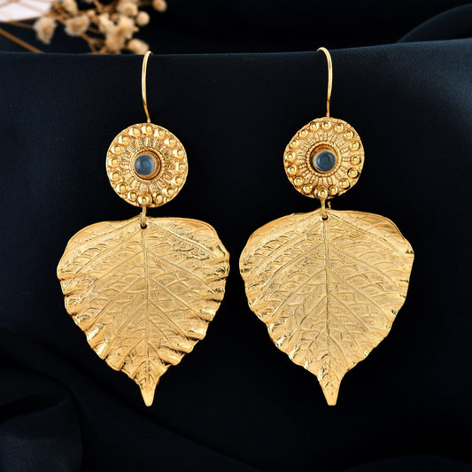 Handcrafted Gold Plated Leaf Earring with Stone Detailing