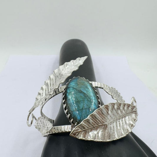 Mystic Labradorite Leaf Carved Silver Bangle