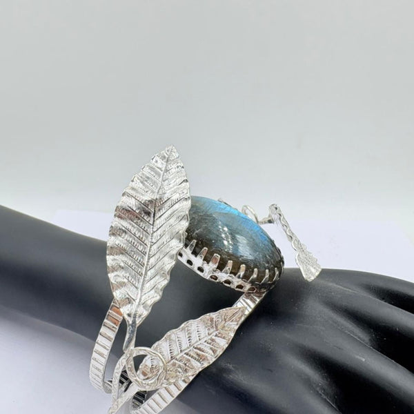 Mystic Labradorite Leaf Carved Silver Bangle