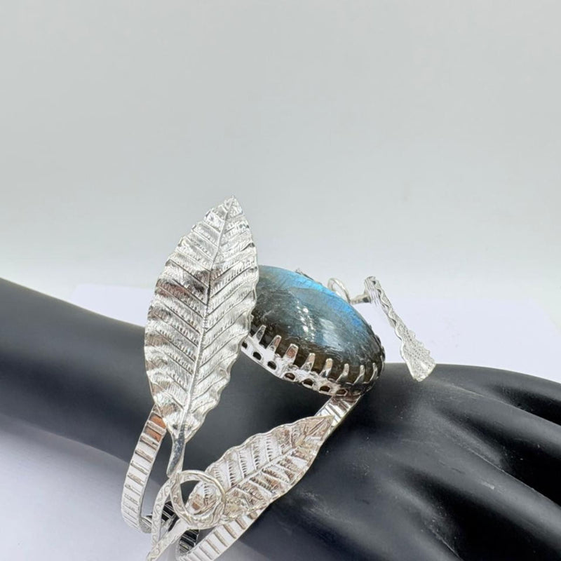Mystic Labradorite Leaf Carved Silver Bangle