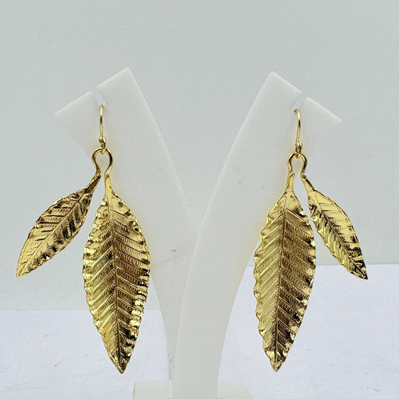 Golden Double Leaf Earrings – Nature-Inspired Elegance