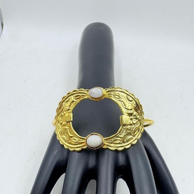 Golden Lotus Aura Brass Bangle with White Gemstone