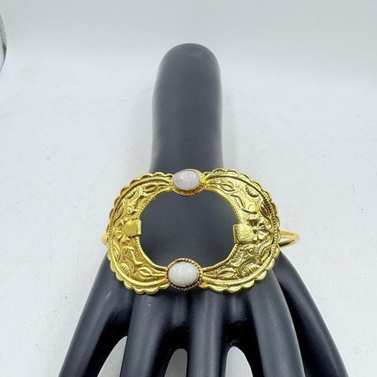 Golden Lotus Aura Brass Bangle with White Gemstone