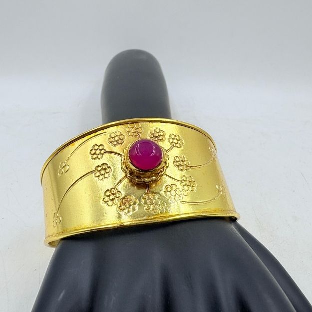 Golden Blossom Brass Bangle with Pink Onyx Stone