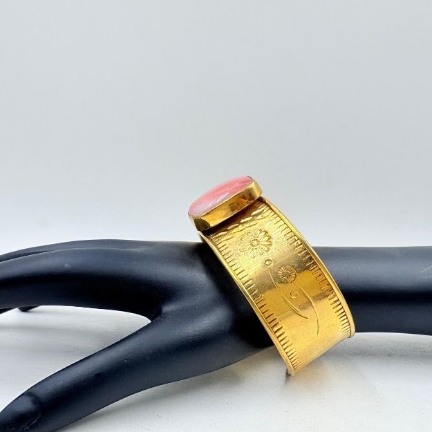 Golden Floral Brass Cuff with Pink Onyx Gemstone